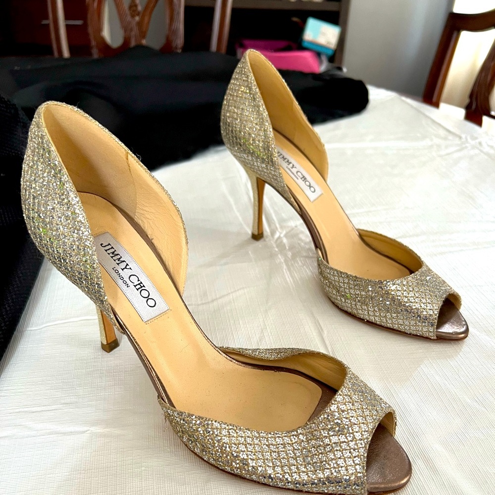 Formal Jimmy Choo sparkly peep toe heels